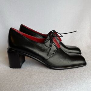 BALLY Women's Black and Red Leather Lace Up Women's Block Heel Shoes, Size 7